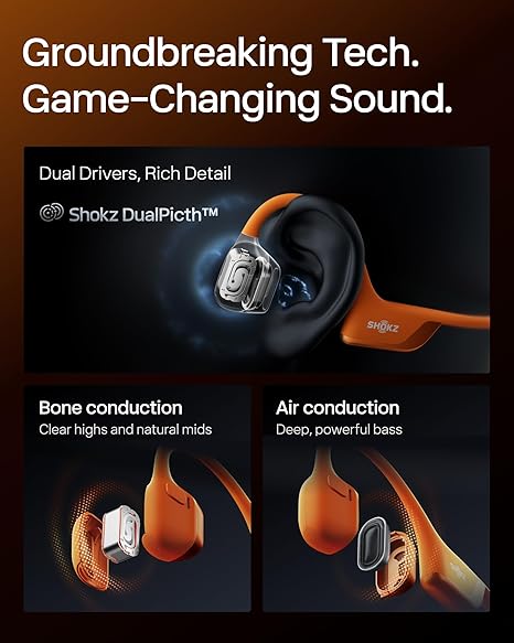 Groundbreaking Shokz tech combines DualPitch™ drivers, bone conduction for clear mids, and air conduction for deep bass, delivering game-changing sound.