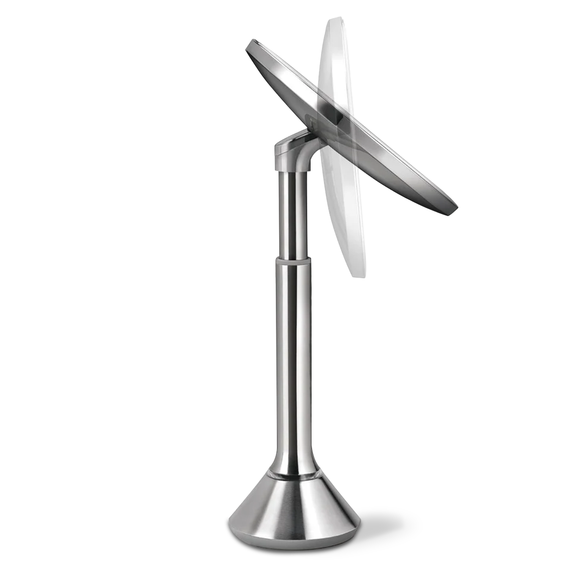 Side view of brushed Sensor Mirror Round showing adjustable pivot and tilt