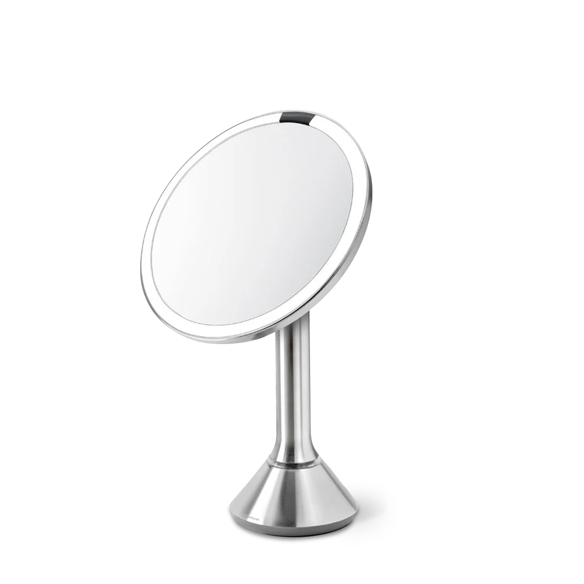 Angled view of brushed Sensor Mirror Round showing tru-lux light ring