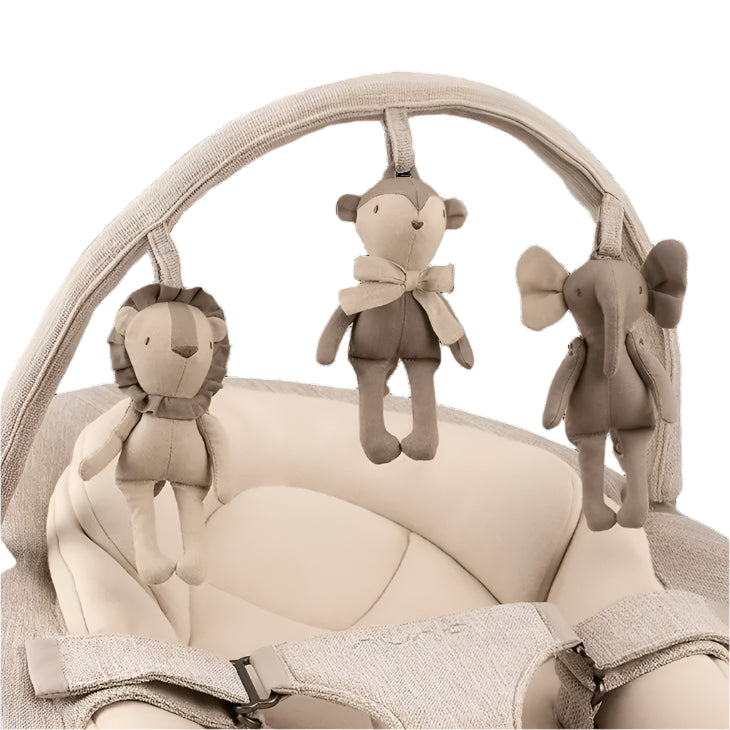 A close-up of a baby rocker toy bar featuring three soft hanging plush animals—a lion, monkey, and elephant—designed to entertain and engage infants.