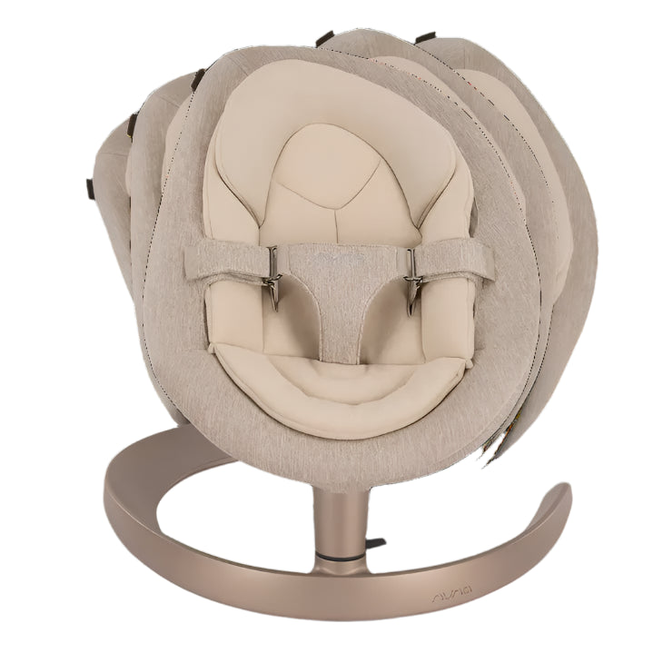 A beige Nuna baby rocker shown in multiple swing positions, illustrating its gentle gliding motion designed to soothe infants.