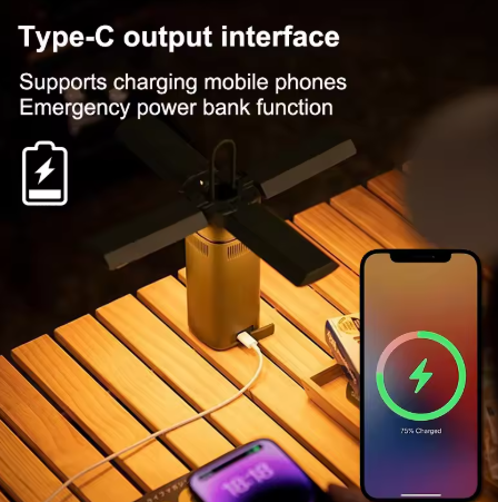A foldable light device placed on a wooden surface, with a Type-C cable connected to a smartphone displaying a 75% charge status. The text highlights its ability to charge mobile phones and function as an emergency power bank. The light's blades are extended, providing additional functionality.
