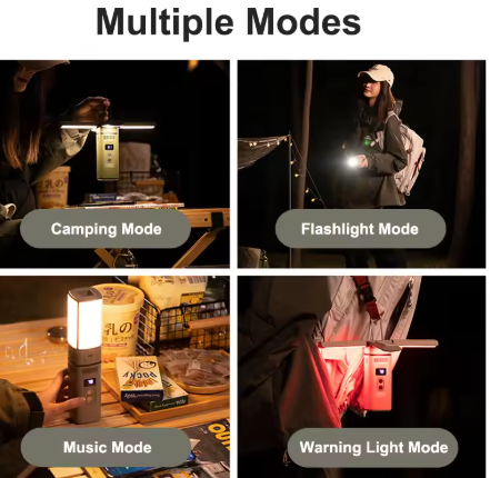A grid showcasing the multiple modes of a portable light: Camping Mode (light on a table), Flashlight Mode (handheld use outdoors), Music Mode (device illuminated among items on a table), and Warning Light Mode (red light hanging from a tent). Each mode is labeled in bold text.