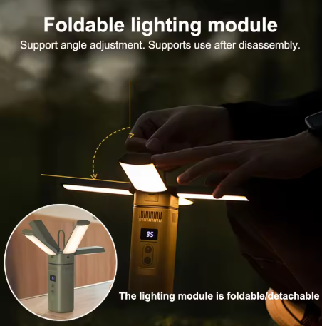 A portable foldable lighting module with adjustable light panels, shown in use outdoors, emitting bright light. Inset image displays the device indoors with its light panels unfolded. Text highlights its foldable and detachable design with angle adjustment support.