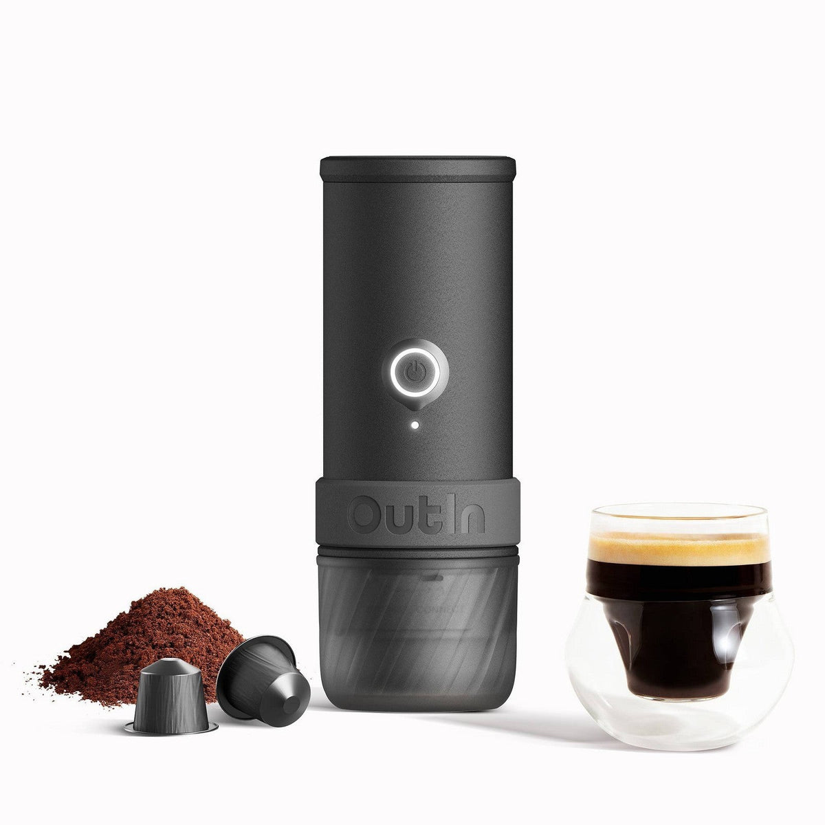 OutIn Mino Space Grey portable espresso machine with espresso, capsules and grounds