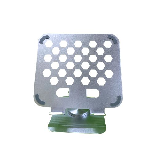 A back view of a white 360 rotating phone and tablet stand featuring hexagonal cutouts on the base for ventilation or design. The stand includes a central rotating mechanism for easy angle and position adjustments of the device.