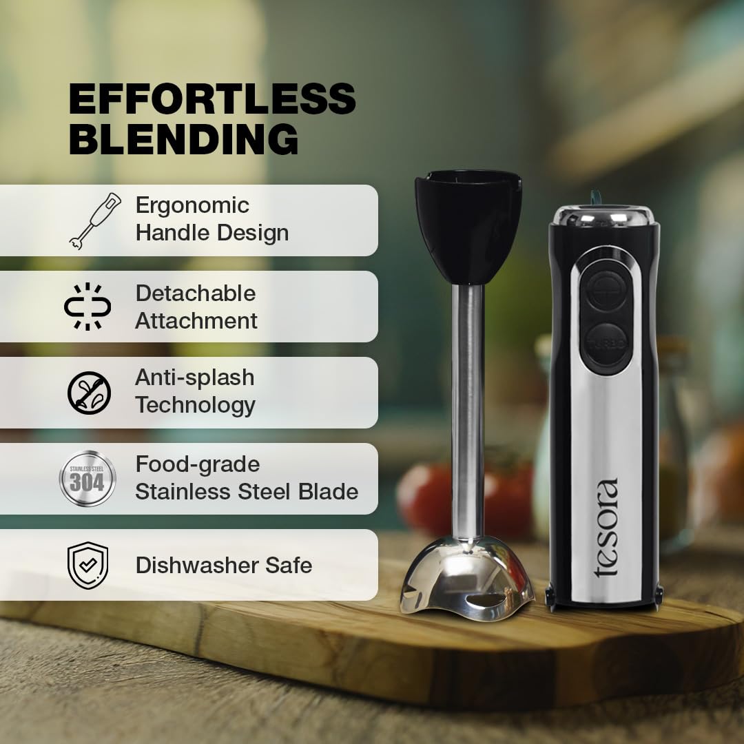 This image highlights the **Tesora hand blender** and its key features. It promotes **Effortless Blending** with the following attributes:
- **Ergonomic Handle Design** for comfortable use.
- **Detachable Attachment** for easy cleaning and versatility.
- **Anti-splash Technology** to ensure a mess-free blending experience.
- **Food-grade Stainless Steel Blade** for durability and safety.
- **Dishwasher Safe** components for hassle-free cleaning.
The product is presented as a practical and user-friendly ki