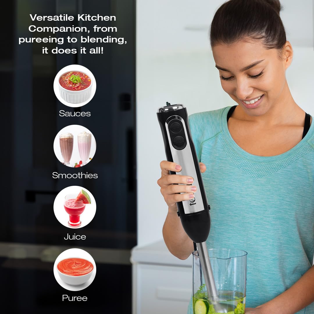 This image showcases a woman using a **Tesora hand blender** to blend ingredients in a glass cup. The image highlights the versatility of the kitchen tool with its ability to prepare:
- **Sauces**
- **Smoothies**
- **Juices**
- **Purees**
The hand blender is described as a **"Versatile Kitchen Companion"**, capable of handling various tasks from pureeing to blending. The visuals and product features emphasize ease of use and its multifunctional nature, making it ideal for a wide range of kitchen needs.