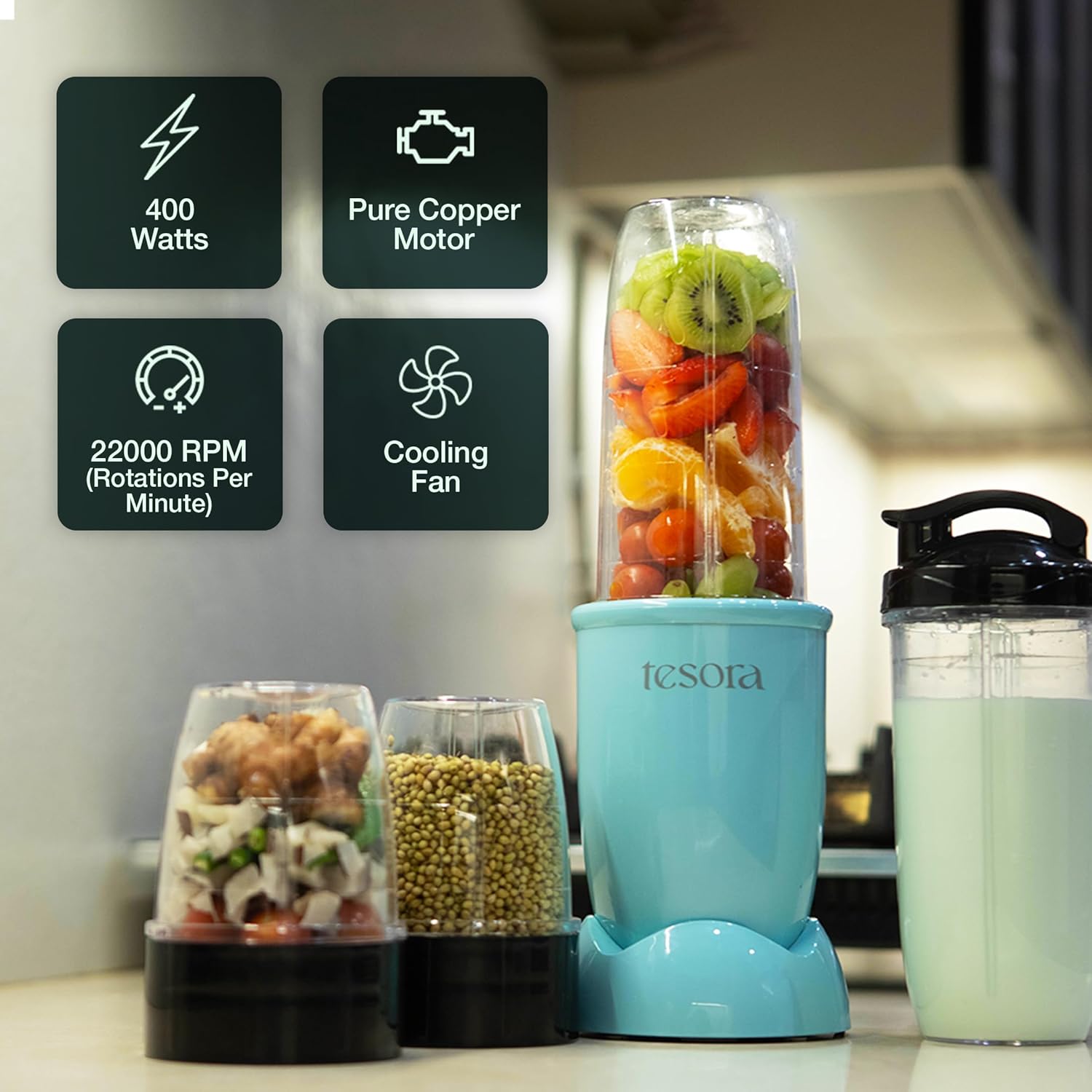 The blender is depicted with multiple attachments for versatile uses like blending, grinding, and chopping, making it an essential kitchen appliance for preparing smoothies, sauces,