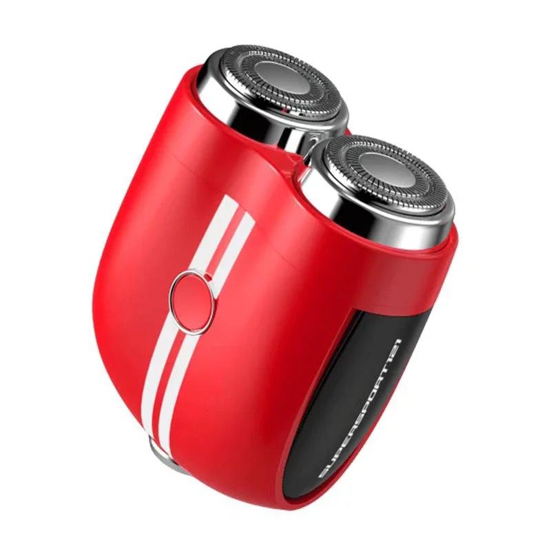 This image shows a compact, dual-head electric shaver with a sleek and sporty design. The shaver is predominantly red with white racing stripes running vertically down the center, giving it a dynamic and modern look. The twin shaving heads are made of stainless steel, suggesting a smooth and efficient shave. The ergonomic design allows for easy handling, making it convenient for quick grooming sessions. The product's appearance suggests it is targeted toward consumers who value both functionality and style