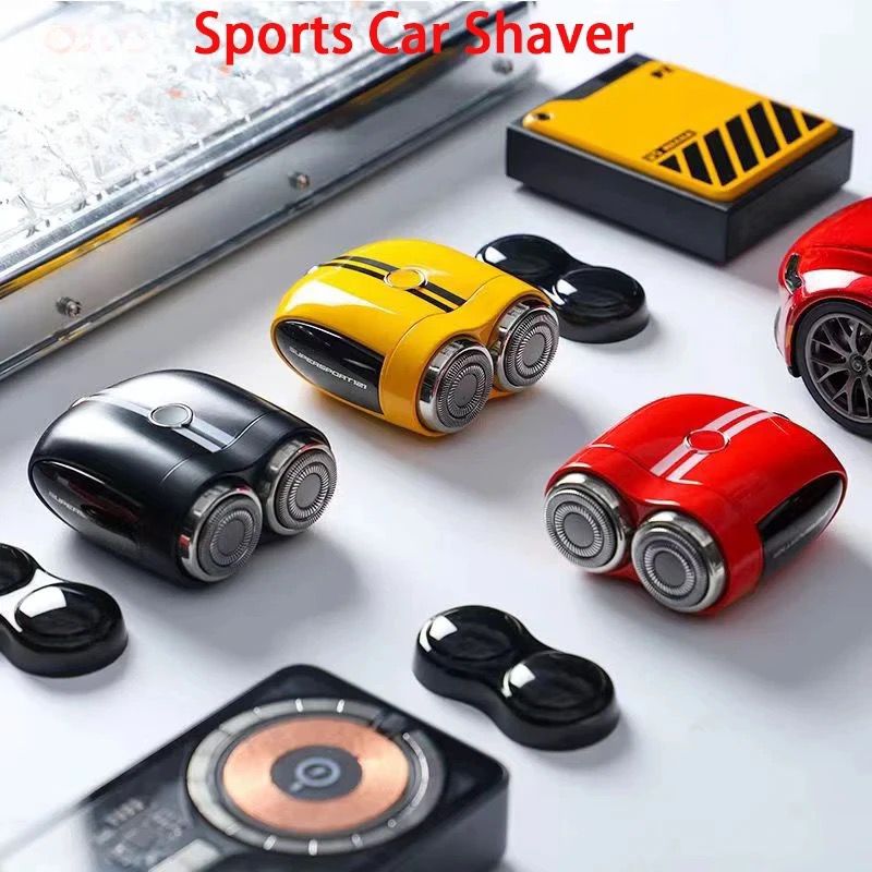 This image features a collection of "Sports Car Shavers," designed to mimic the aesthetic of high-performance sports cars. The shavers are displayed in three vibrant colors: black, yellow, and red, each with racing stripes that reinforce their sporty theme. The dual-head design is consistent across all models, with chrome accents that add to their sleek appearance. The shavers are accompanied by matching protective caps for the shaving heads, emphasizing their portability and the attention to detail in the
