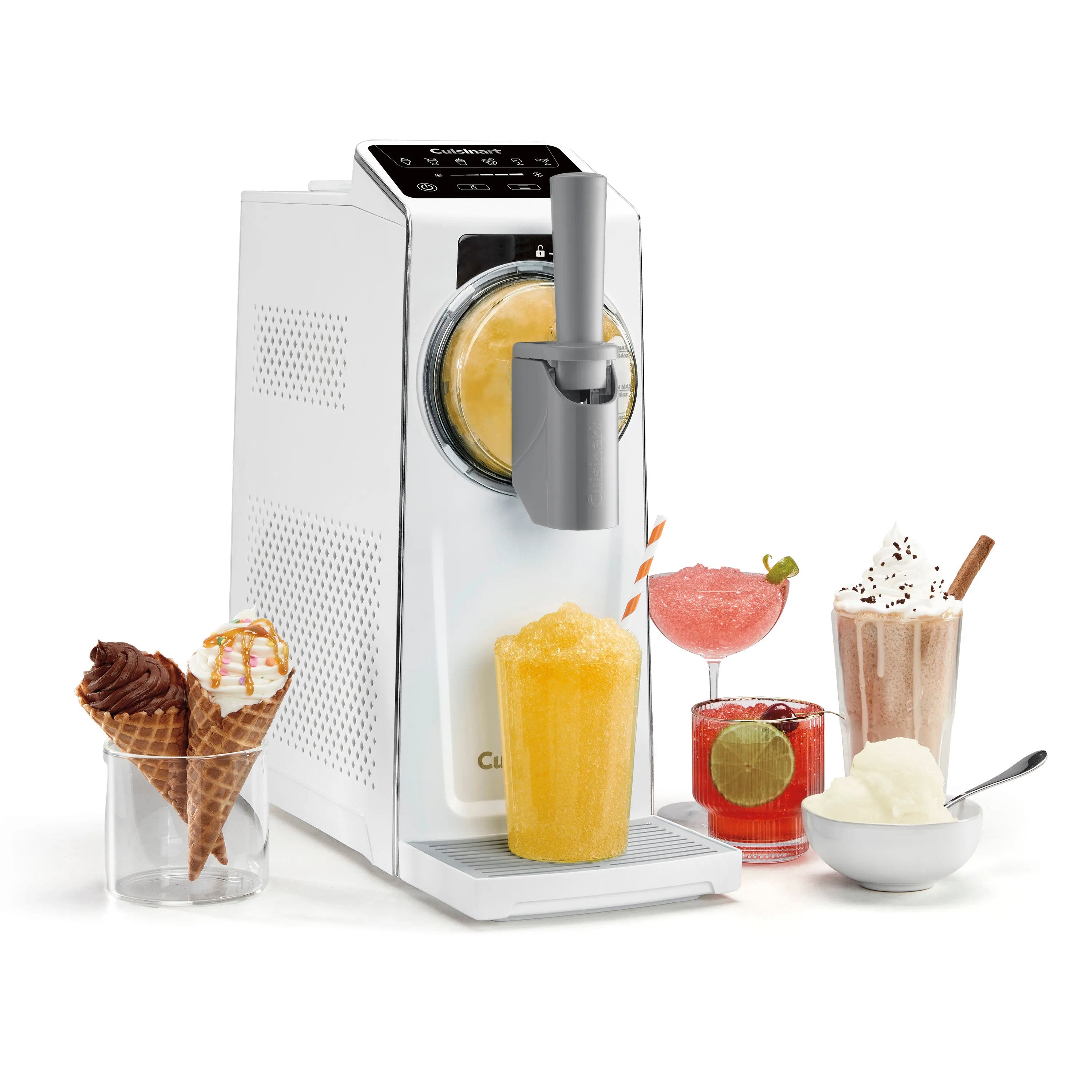 Cuisinart 6-in-1 Slushy and Soft-Serve Maker in white, dispensing soft-serve ice cream into a cone