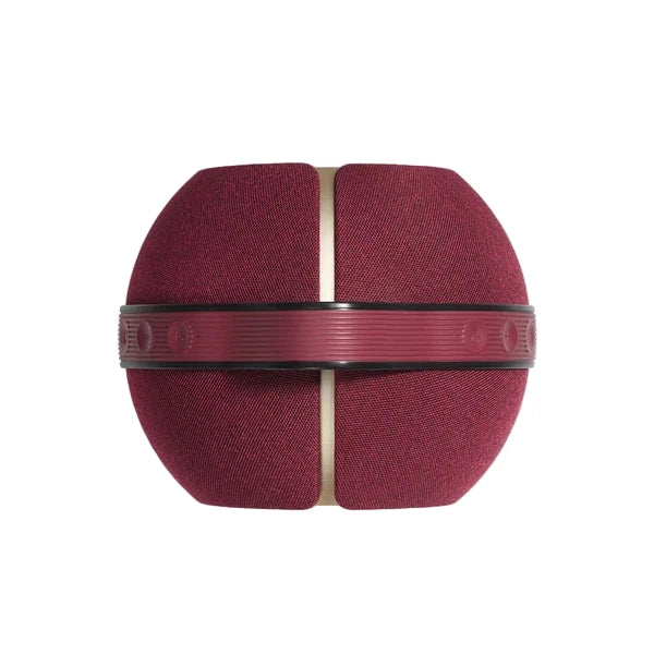 Red textured object with a black band on a white background