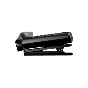 A side view of a compact black LED clip light showing its rectangular design and the attached clip. The light features a long, narrow LED strip at the top and a textured grip area. The clip allows for easy attachment to various surfaces, and the side view highlights the light's slim profile.