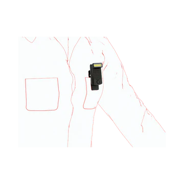 A compact black LED clip light attached to the chest pocket of an illustrated outline of a person wearing a jacket. The light features a long, narrow LED strip at the top, a textured grip area, and an attached clip for easy attachment, demonstrating its practical use for hands-free lighting.