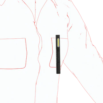 A black LED penlight with a long, narrow LED strip clipped onto the chest pocket of an illustrated outline of a person wearing a jacket. The illustration demonstrates how the penlight can be conveniently carried in a pocke