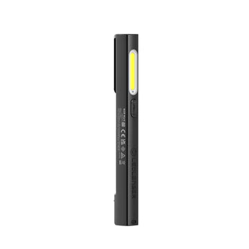 A sleek black LED penlight with a rectangular design, featuring a long, narrow LED strip near the top and a clip on the side for easy attachment. The side of the penlight displays various certification markings and a power button for operating the light