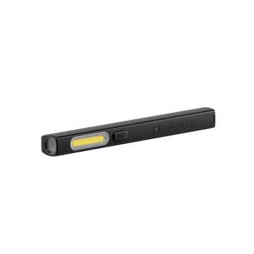 A black LED penlight with a rectangular design, featuring a long, narrow LED strip near the top and a power button on the side. The penlight has a compact and sleek design, with a clip for easy attachment and carrying. The brand "LED LENSER" is printed on the body of the penlight.