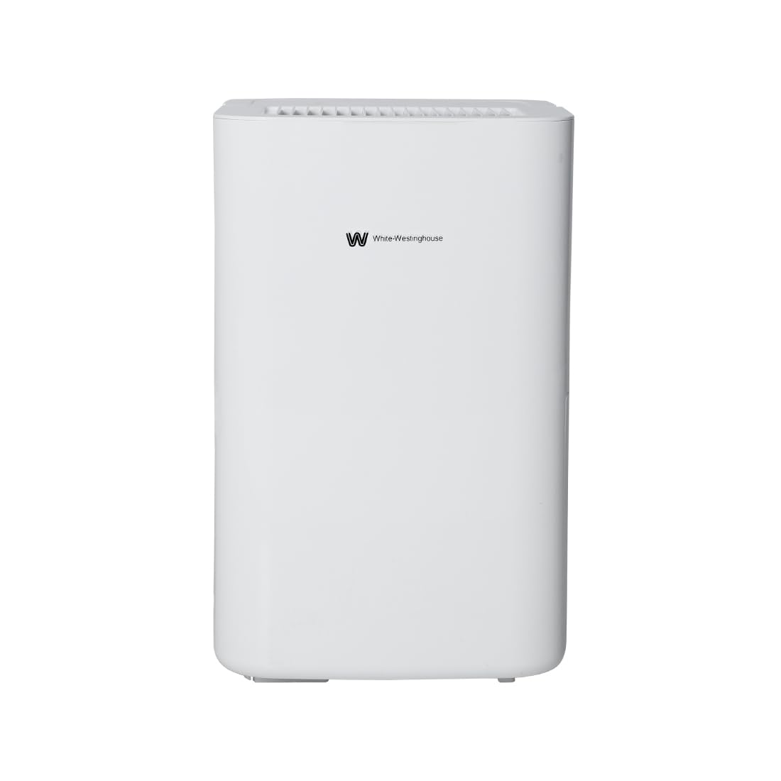 A minimalist white dehumidifier with a smooth, rectangular design and a front-facing vent at the top. The device has the White-Westinghouse logo in the center of its front panel.