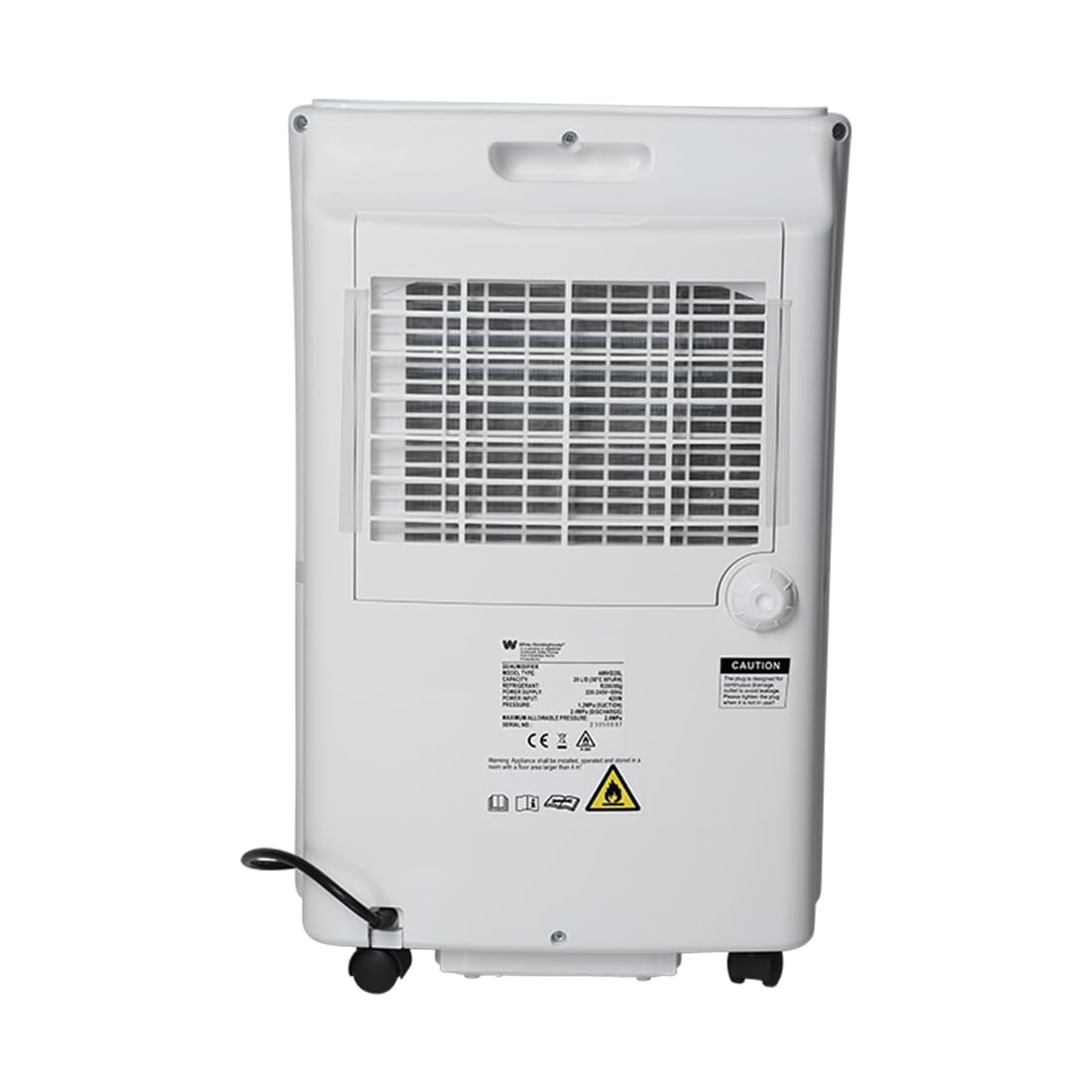 The back view of a white dehumidifier, showing a large vent for air exhaust, a power cord at the bottom, and several certification labels and warnings. The device is equipped with small wheels for easy mobility