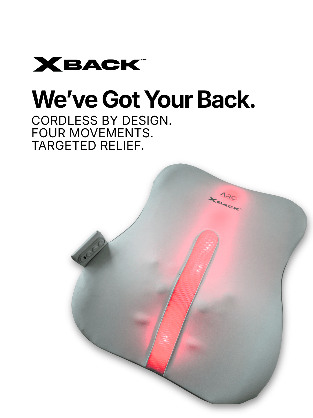ARC X-BACK back massager angled view showing red heated spine panel