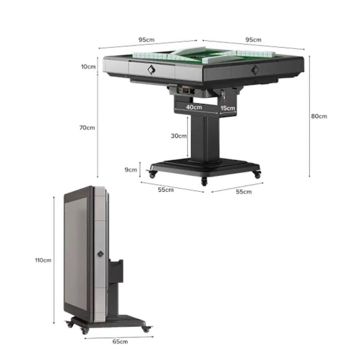 Automatic mahjong table dimensions – 95 x 95 cm top, 80 cm height, folds to 110 x 65 cm