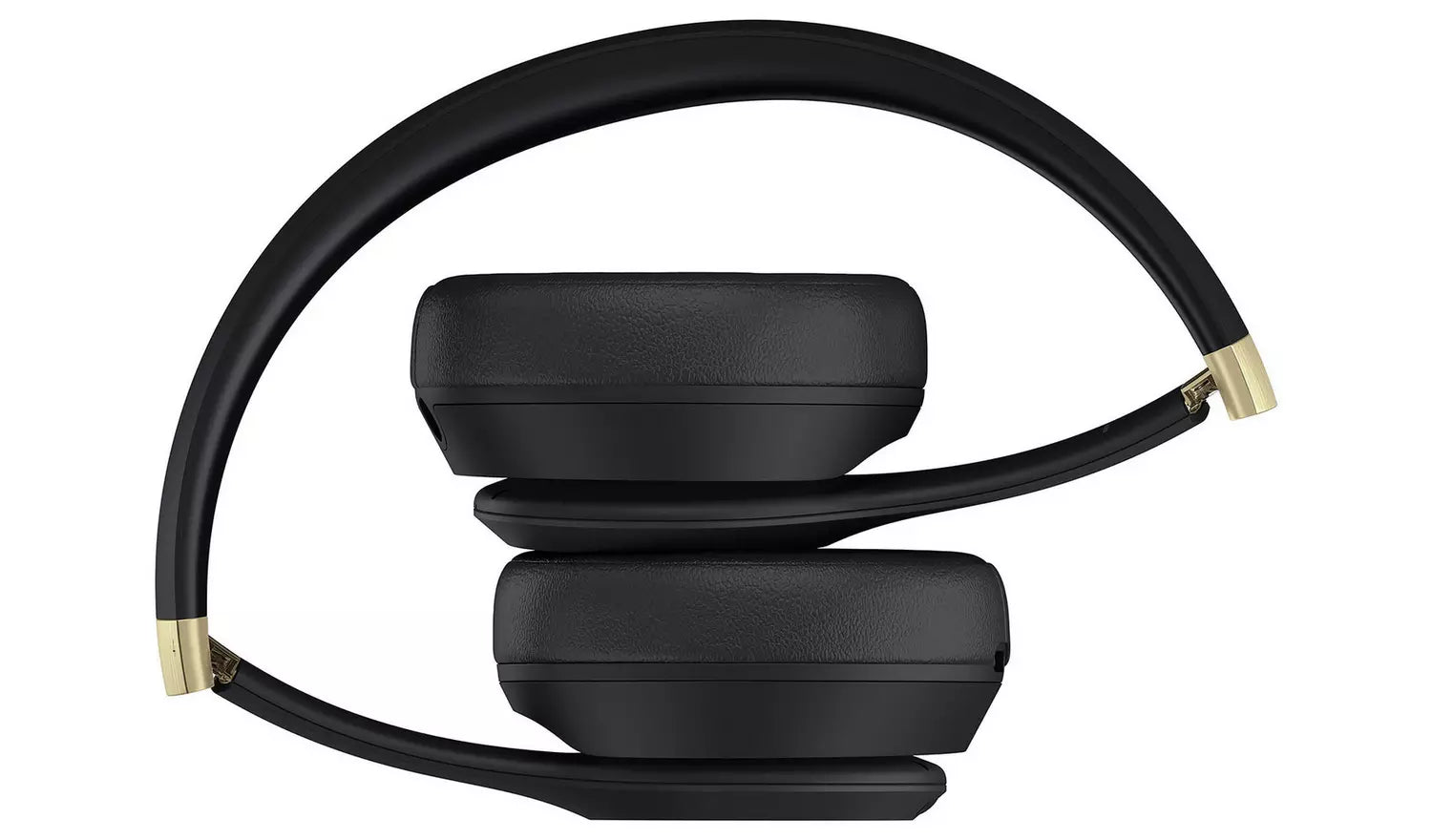 Black over-ear headphones with gold accents, shown in a compact folded position for portability. The ear cups and headband are neatly collapsed, highlighting their foldable design.