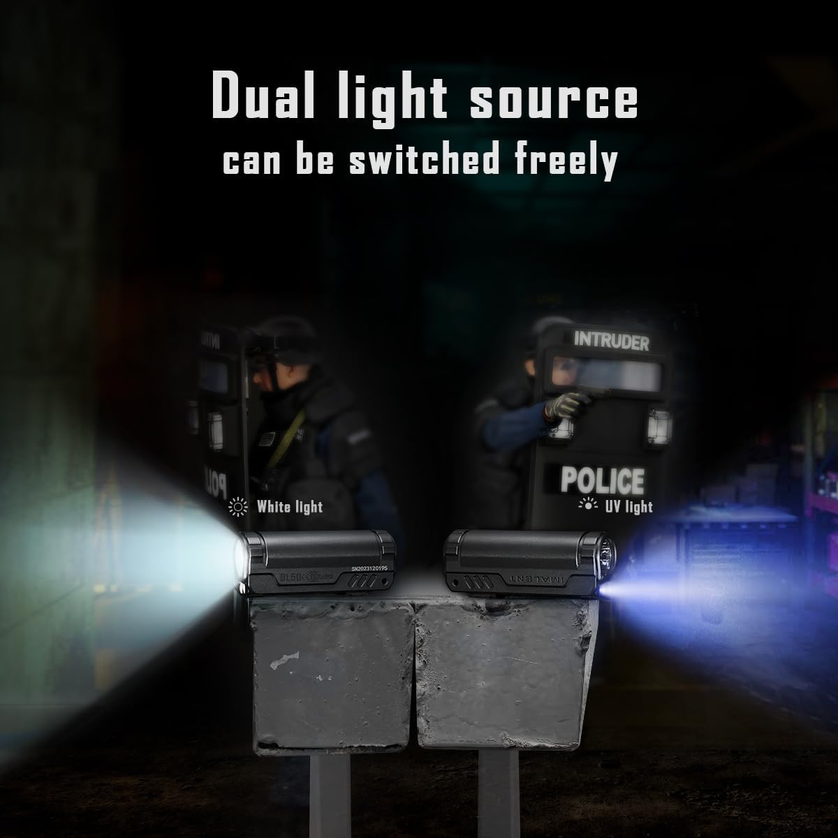 Two flashlights are shown on a dark, textured surface, one emitting a bright white light and the other emitting a UV light. In the background, two police officers in tactical gear, holding shields labeled "POLICE" and "INTRUDER," are partially visible. The white light illuminates the left side, while the UV light casts a bluish glow on the right side.