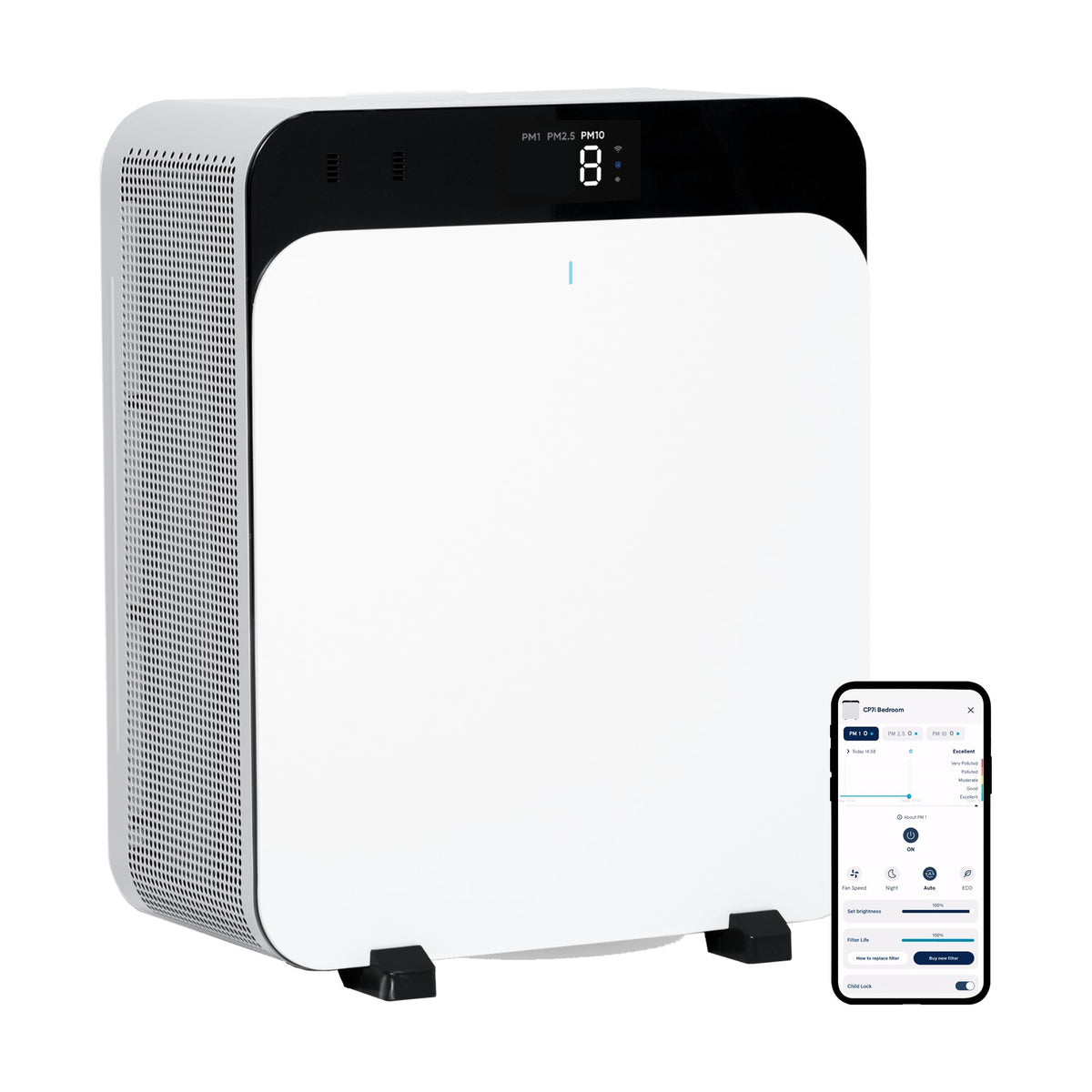 Blueair 7i air purifier with PM display and Blueair app control on smartphone
