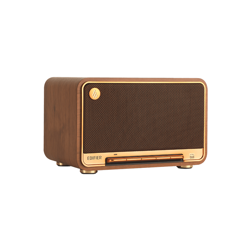 A vintage-style Bluetooth speaker with a wooden finish and a gold-accented front panel. The front grille has a woven texture with a gold border, and a small circular emblem in the top left corner. Below the grille, the "Edifier" brand name is printed, along with a row of gold-colored buttons for control. The speaker combines a retro aesthetic with modern audio technology, making it a stylish addition to any room.