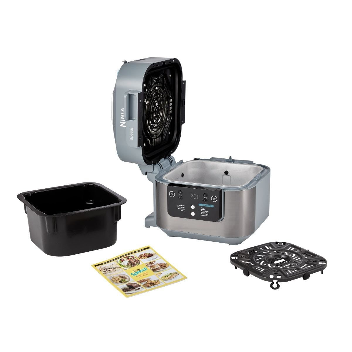 Ninja Speedi ON400 with lid open, 5.7L cooking pot, Cook and Crisp tray and recipe guide