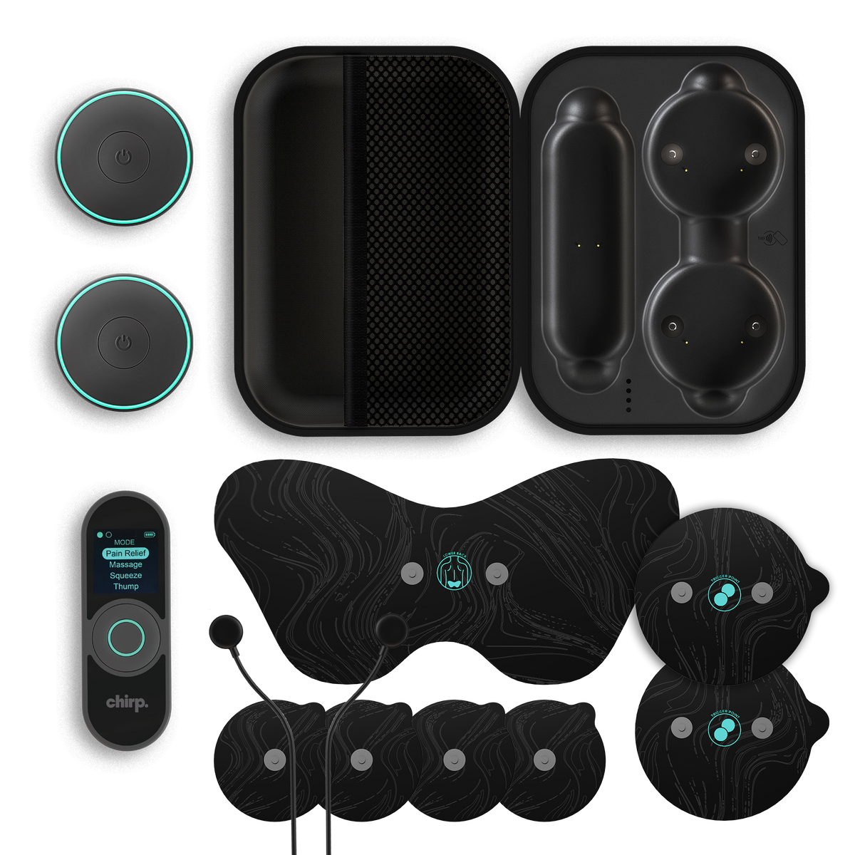 Chirp Halo wireless stim pods shown with the HaloHub charging case