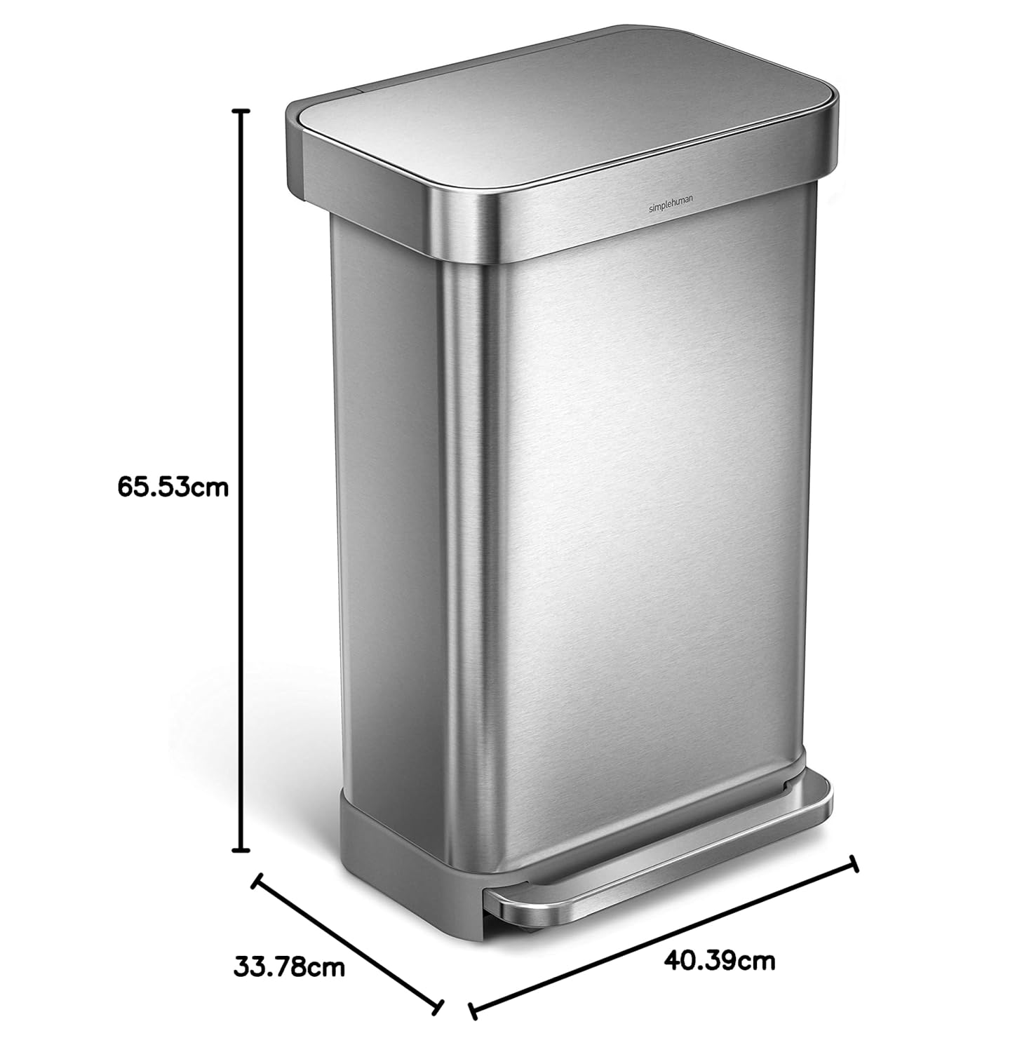 Stainless steel rectangular trash can with a hands-free foot pedal, featuring a sleek and modern design. Dimensions are 65.53 cm in height, 40.39 cm in width, and 33.78 cm in depth, making it suitable for kitchens, offices, or home spaces.
