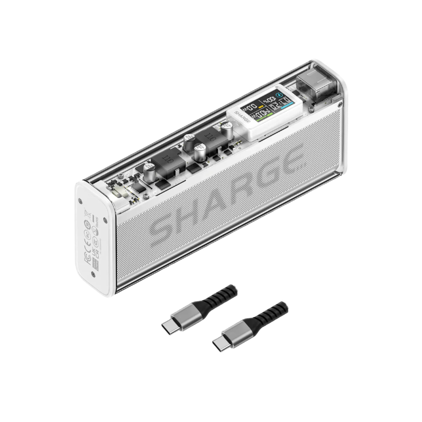A transparent SHARGE power bank showcasing its internal components, including capacitors, circuitry, and a digital display screen indicating power status. The device features a sleek, modern design with two included USB-C cables for high-speed charging and data transfer.