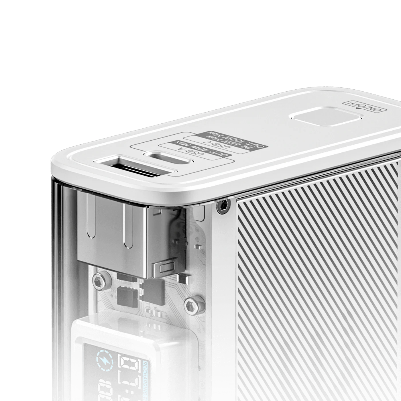 A close-up view of a SHARGE power bank with a semi-transparent casing, revealing its internal components. The design showcases a high-tech look with visible circuitry and a sleek white exterior, emphasizing its advanced engineering and premium build quality.