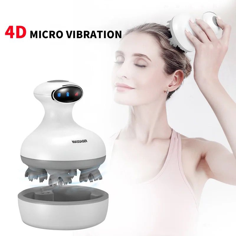 This image features a **4D Micro Vibration** scalp massager, highlighting its advanced technology for providing a relaxing and effective scalp massage. The massager is depicted in use by a person, who appears to be enjoying the soothing effects on her scalp. The product is also shown with its charging base, reinforcing its convenience and ease of use. The "4D Micro Vibration" refers to the device's ability to deliver multidimensional vibrations that simulate the effects of a professional massage, enhancing