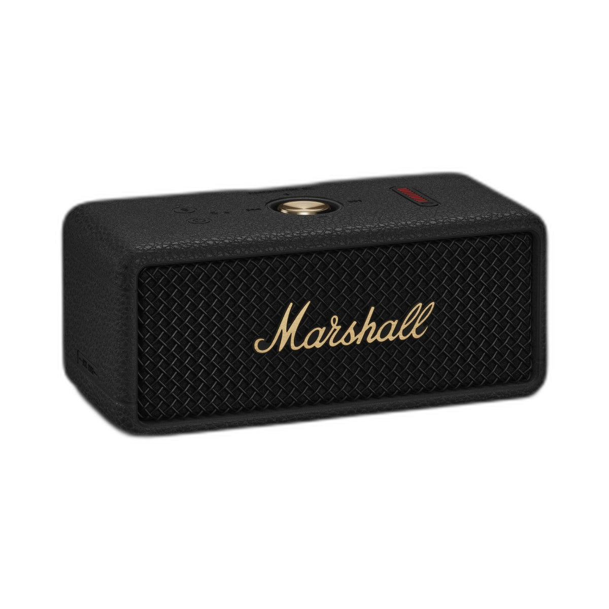 Marshall Emberton III portable Bluetooth speaker in Black and Brass, angled front view on white background