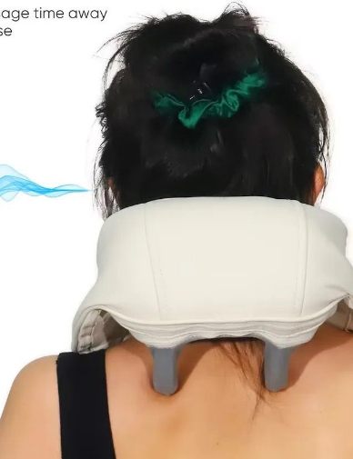 This image promotes the gentle noise reduction feature of a neck and shoulder massager, emphasizing a quiet operation that enhances the relaxation experience. The massager is shown in use, with a person wearing it around their neck, highlighting its ergonomic design. The text indicates that the device operates at a noise level of less than 55 decibels, ensuring a peaceful massage time free from annoying noise distractions. The imagery and the accompanying text convey that this massager is designed not only