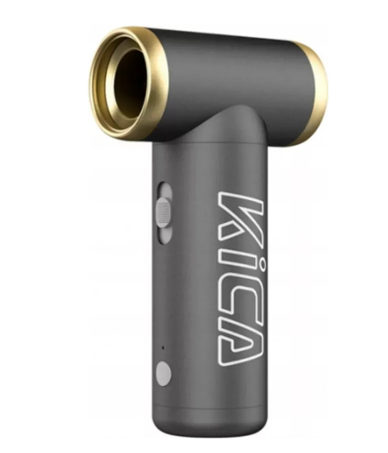 The image shows a KICA Jet Fan 2 in a black color with gold accents. The device has a T-shaped design with a cylindrical fan unit at the top and a handle below. The brand name "KICA" is printed vertically on the side of the handle in white text.