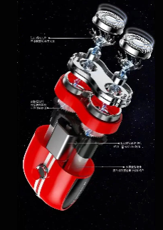 This image provides a detailed, exploded view of the internal components of the "Sports Car Shaver." The shaver's outer casing, which is red with white racing stripes, is shown at the bottom, while the internal mechanisms are illustrated above it. The components include the dual shaving heads, gears, and motor assembly, all depicted with precision to demonstrate the engineering and technology behind the product. The various parts are labeled with descriptions, likely indicating their functions and how they