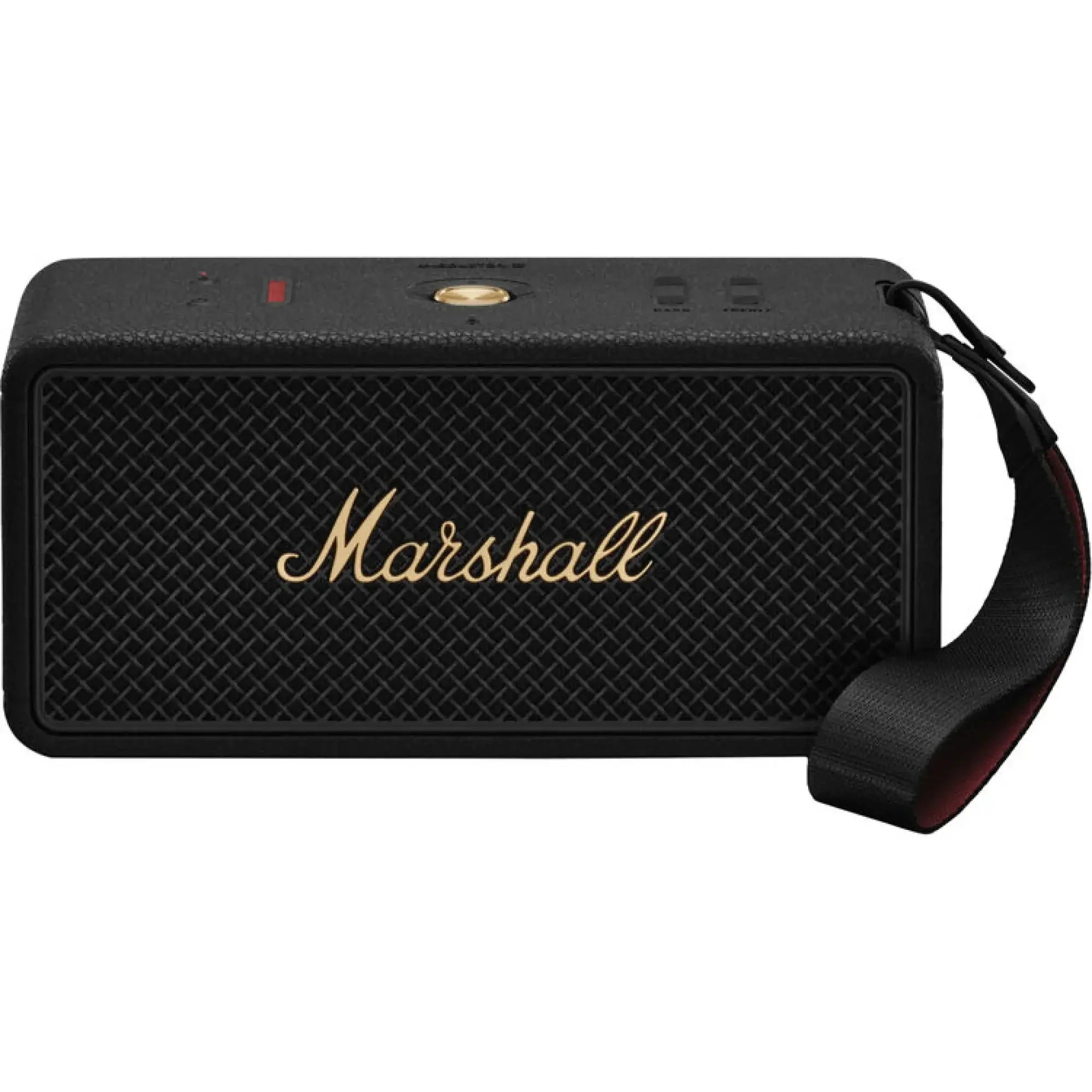 Marshall Middleton II portable Bluetooth speaker in black and brass with carry strap, front view on white background
