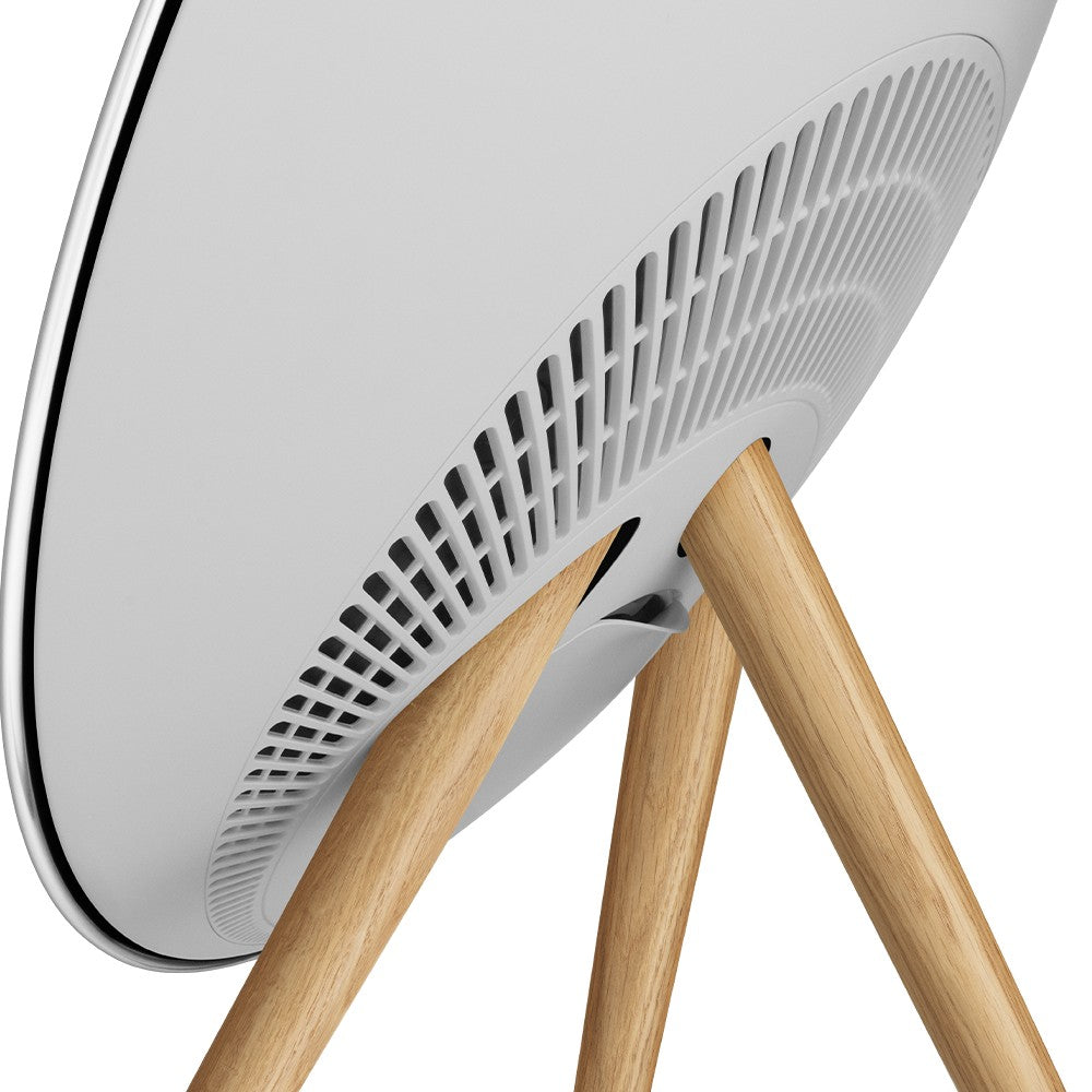 Bang & Olufsen Beosound A9 5th Gen in Natural Aluminium, close-up of speaker grille and legs