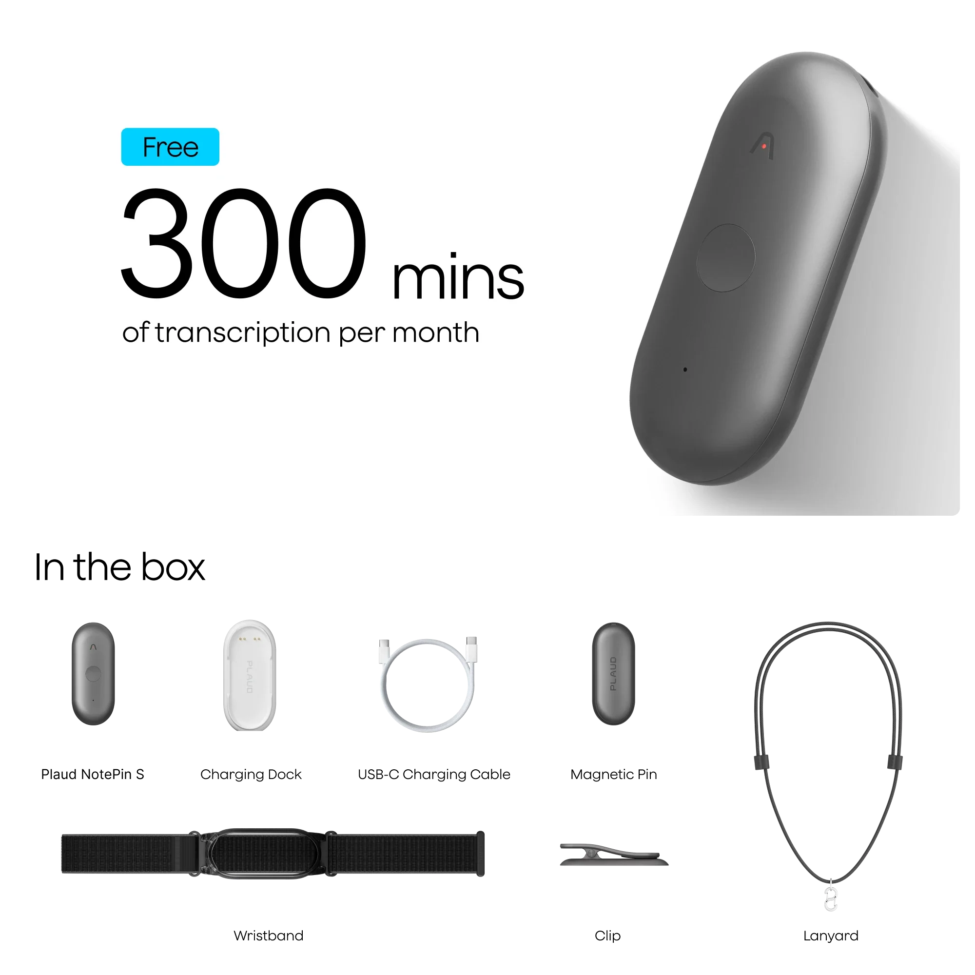 Plaud NotePin S full accessory kit layout