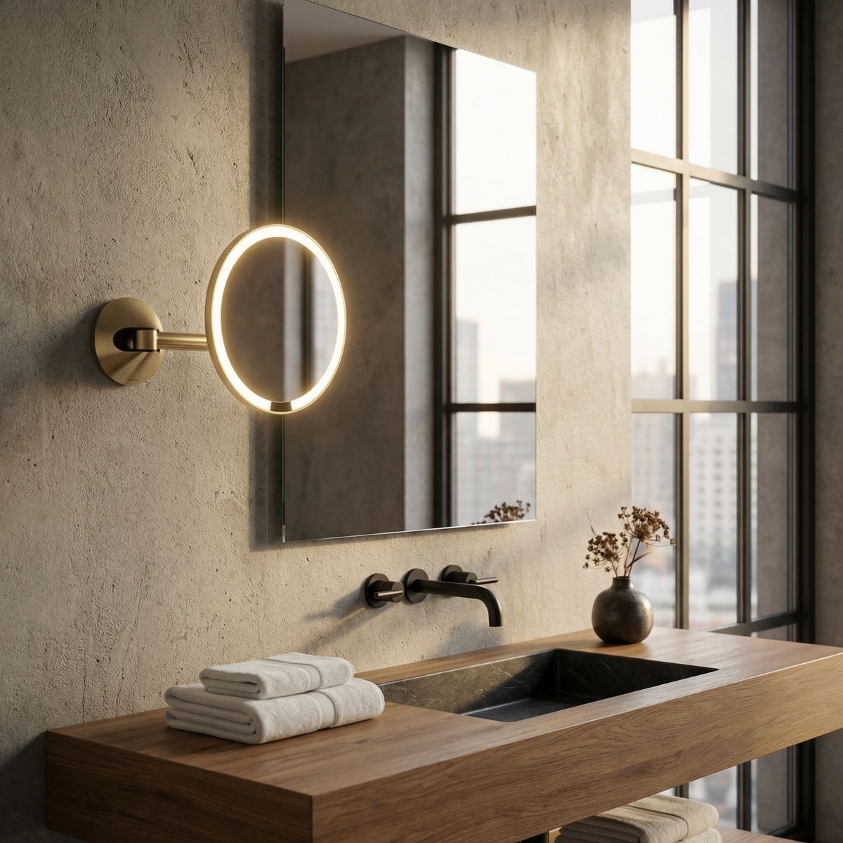 Brass Wall Mount Sensor Mirror installed in a bathroom