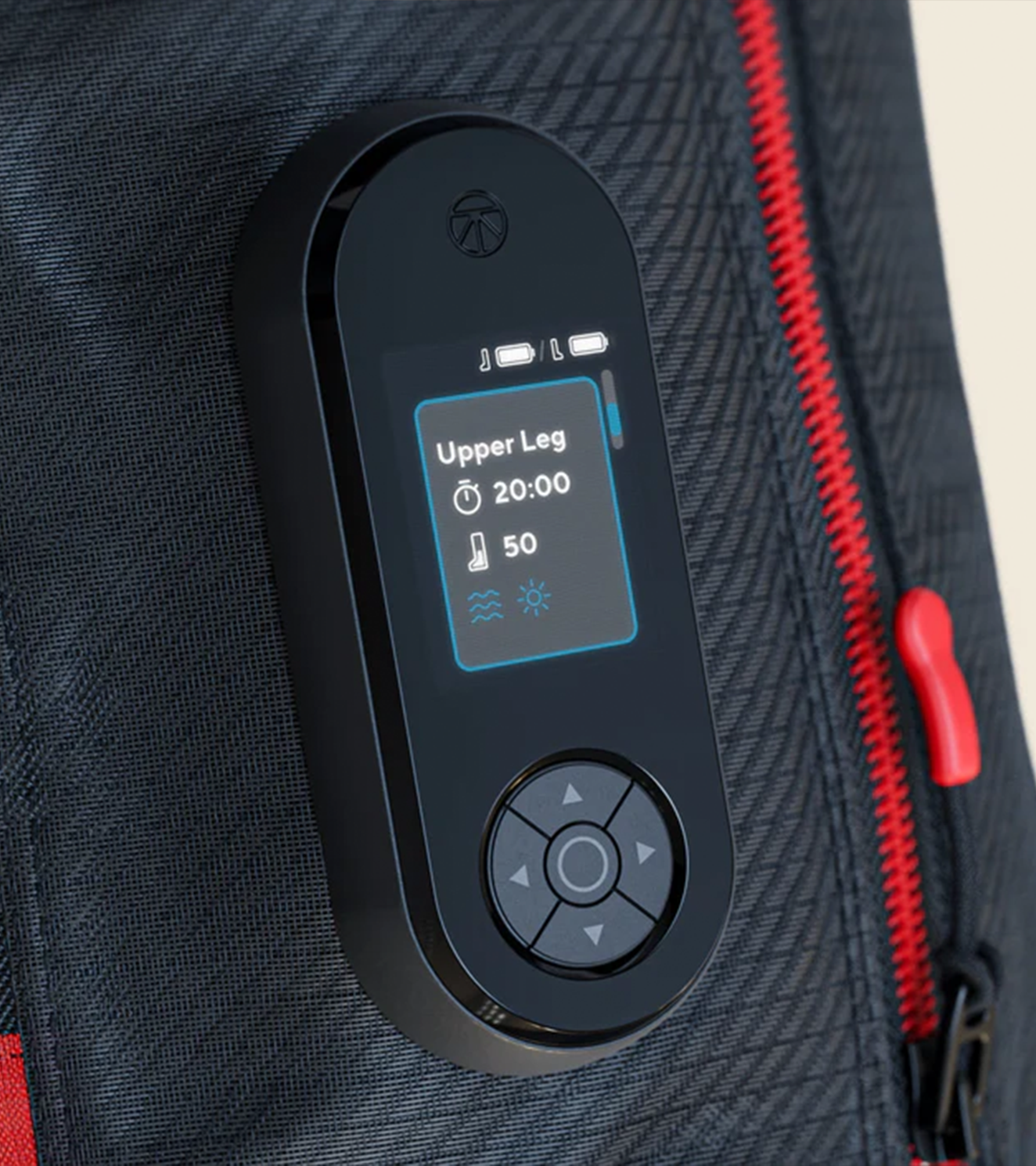 Built-in LCD control panel on JetBoots PRO Plus showing upper leg routine