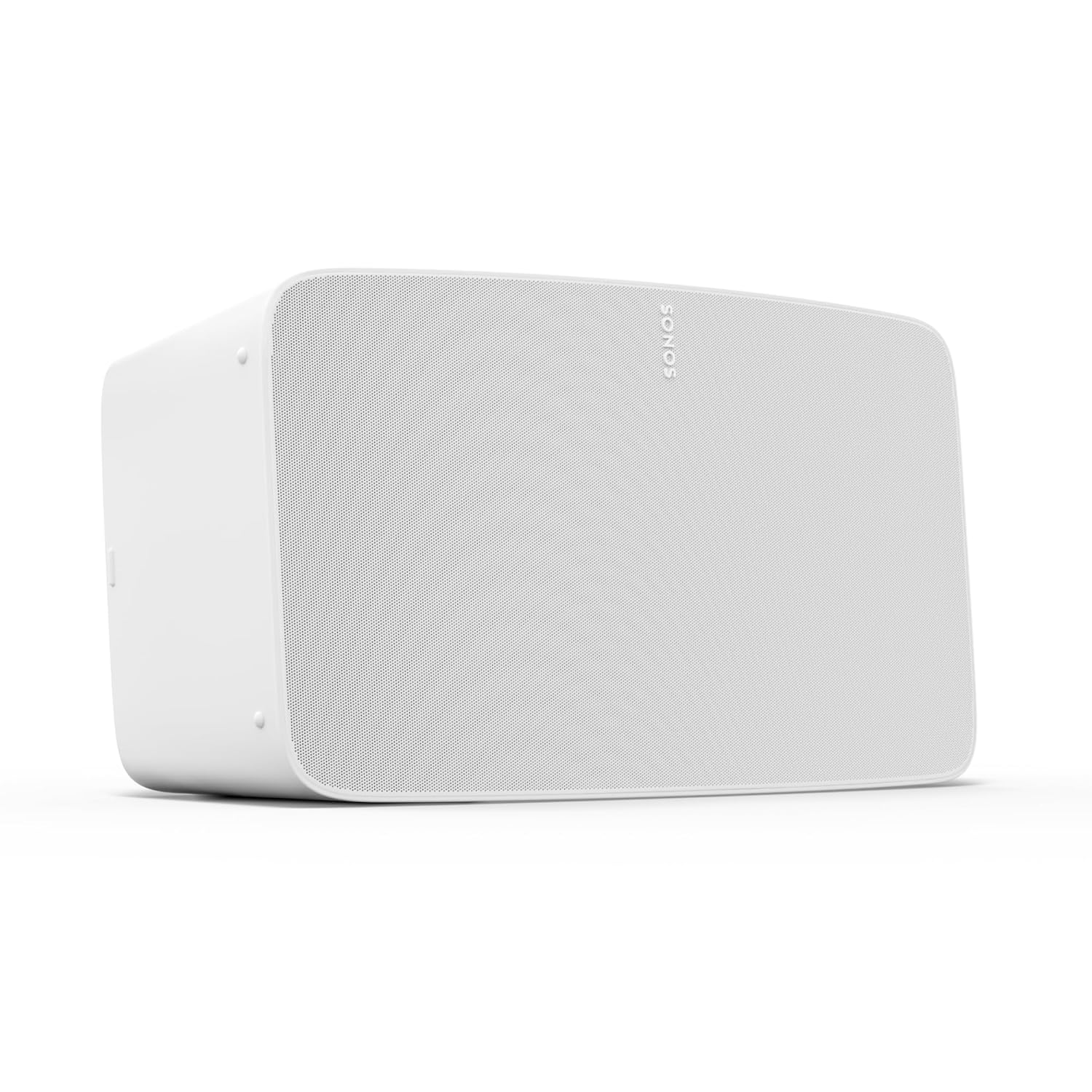 A Sonos wireless speaker in white with a sleek, modern design featuring a slightly curved front grille for optimal sound projection. The speaker has a minimalist aesthetic with discreet branding on the front and subtle side buttons for easy control. Its versatile and compact design makes it suitable for tabletop placement or wall mounting, offering rich, immersive sound that seamlessly integrates into any living space.