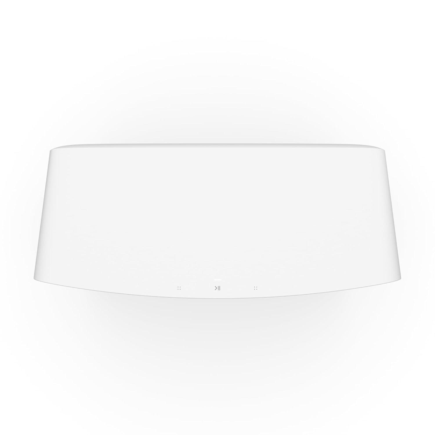 A top view of a Sonos wireless speaker in a sleek white finish, showcasing its modern, curved design. The surface is smooth and minimalist, with touch-sensitive controls at the front center, including play/pause and volume adjustment buttons. The speaker's tapered shape enhances its aesthetic appeal while complementing various interior styles. Ideal for tabletop placement, the design offers both form and function for a premium audio experience.