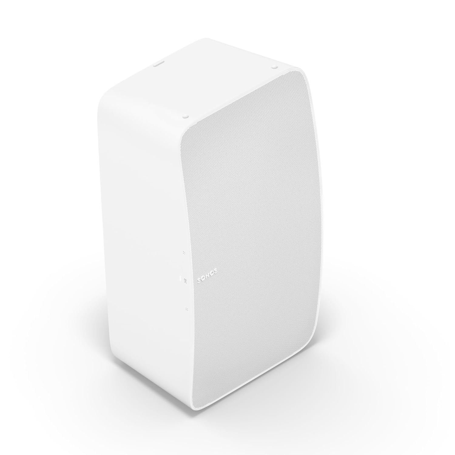 A Sonos wireless speaker in a modern white finish with a slightly curved front grille for enhanced sound dispersion. The speaker features a minimalist design with subtle branding on the grille and discreet control buttons on the side. Its compact and versatile build makes it ideal for both wall mounting and tabletop placement, blending seamlessly into any home decor while delivering high-quality audio performance.