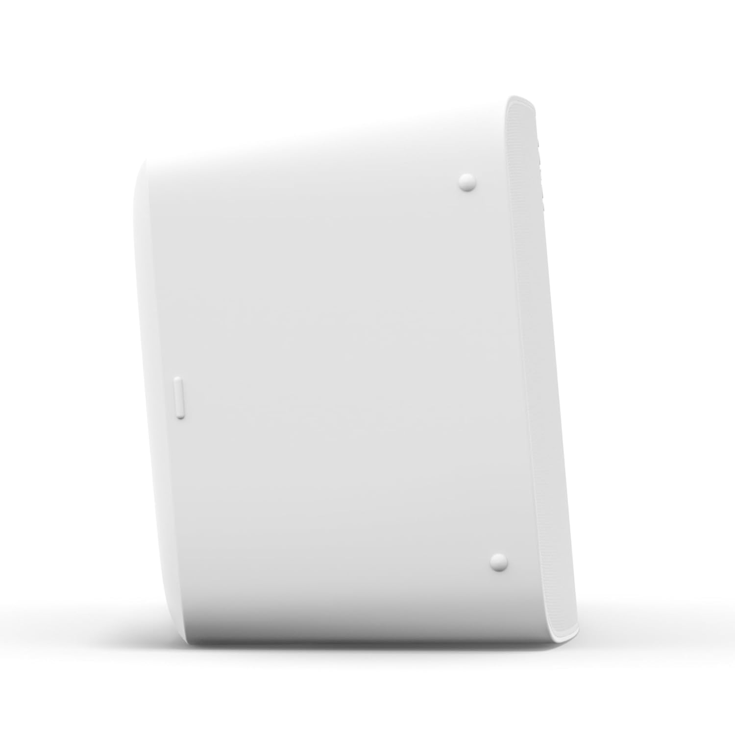 A side view of a Sonos wireless speaker in a clean white finish, showcasing its sleek, slightly tapered design. The speaker features a minimalist aesthetic with a smooth surface, rounded edges, and subtle branding. Small rubber feet on the side indicate its suitability for horizontal or vertical placement. A discreet button on the side provides easy access to controls, making it a versatile addition to any audio setup.