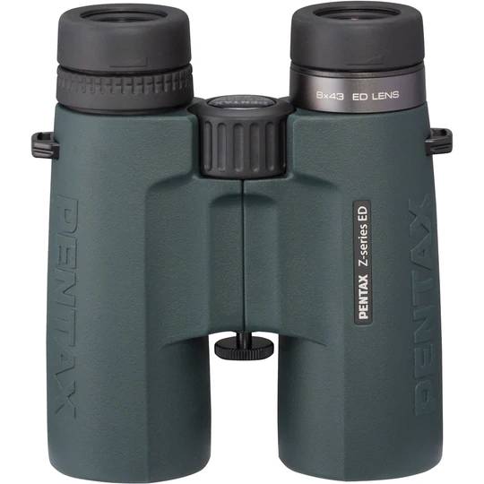 Front view of Pentax 8x43 Z-Series ZD ED binoculars featuring ED lenses for enhanced clarity and brightness ideal for birdwatching and outdoor adventures